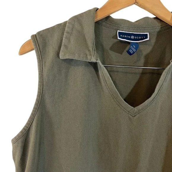 Karen Scott Olive Green Collared Tank XL Knit V Neck Plain Basic Stretch Cotton - Picture 4 of 5